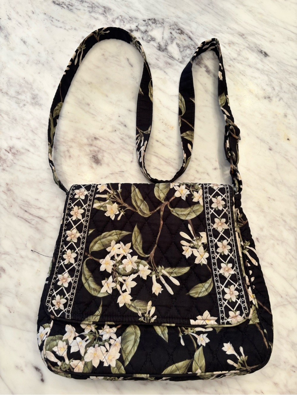 Vera Bradley retired vintage Jasmine crossbody flap bag black white floral